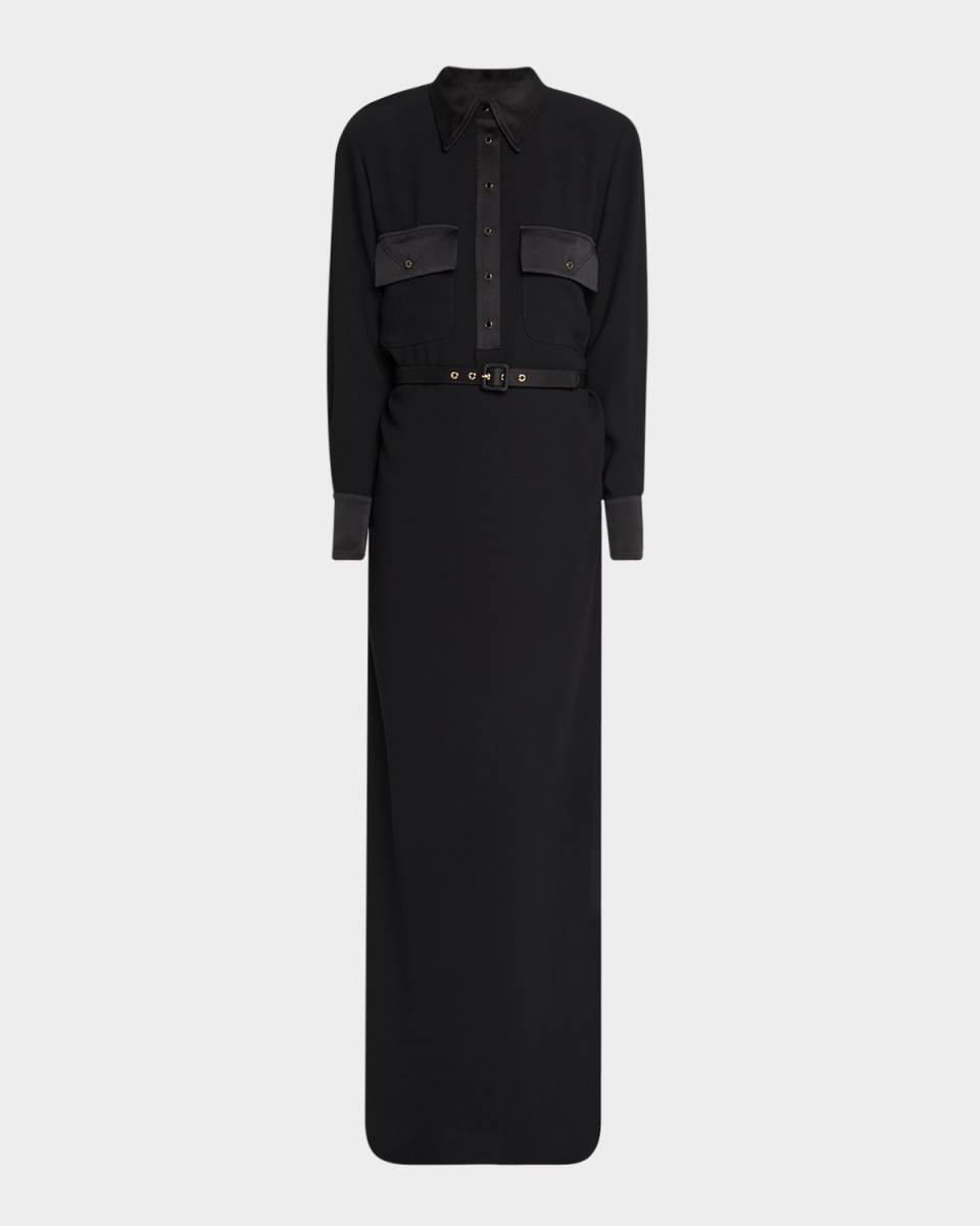 Satin-Back Belted Crepe Maxi Shirtdress